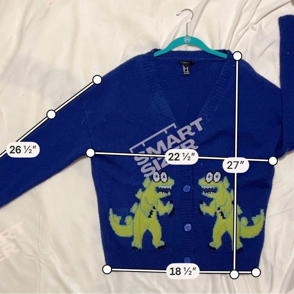Forever 21 Blue Dinosaur Cardigan Y2K Graphic Oversized Knit Sweater Medium - Picture 5 of 6
